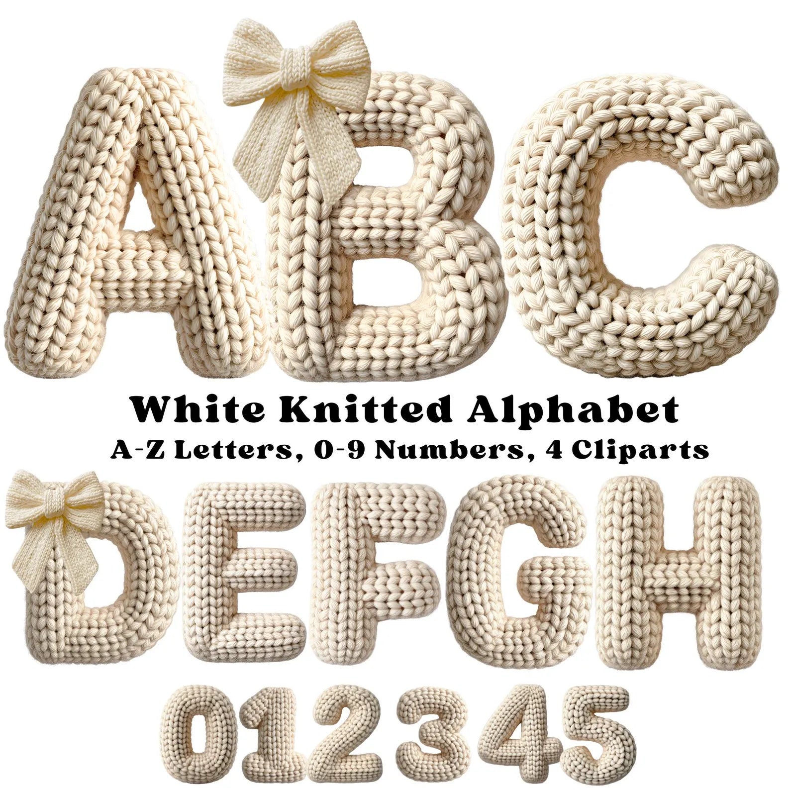 White Knitted Alphabet Clipart, Cozy Yarn Letters A-Z & Numbers 0-9,