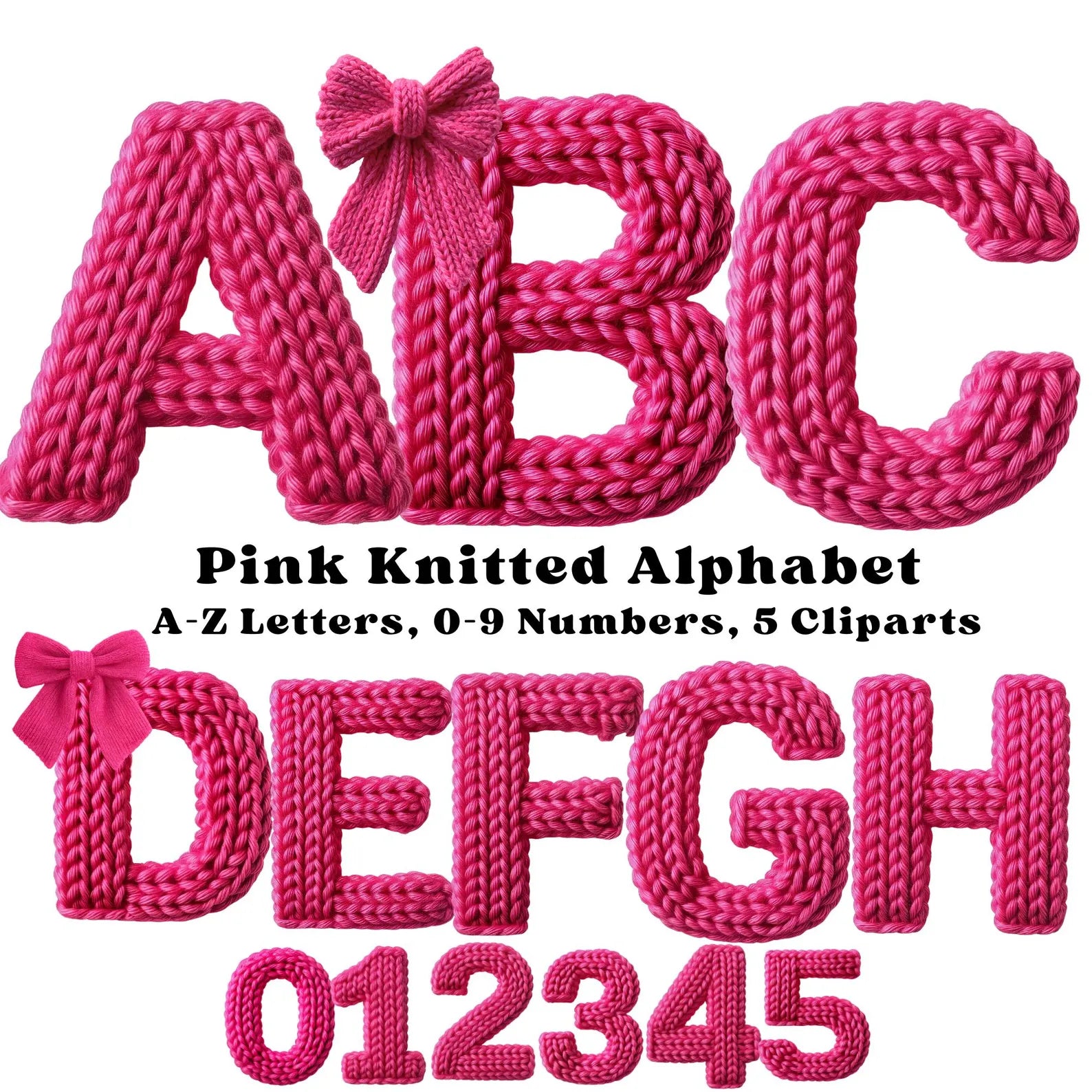 Pink Knitted Alphabet Clipart, Cozy Yarn Letters A-Z & Numbers 0-9,