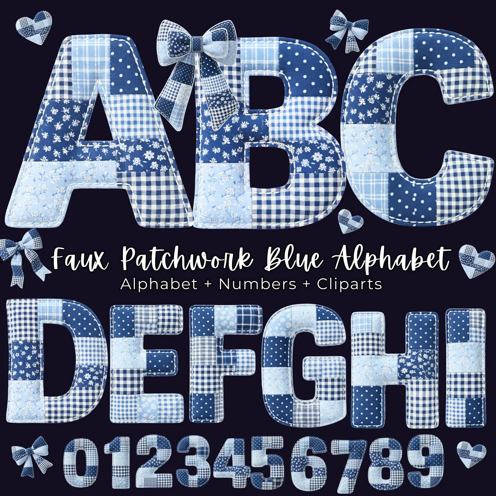 Faux Embroidered Blue Alphabet PNG Bundle, Faux Quilted Patchwork Letters,
